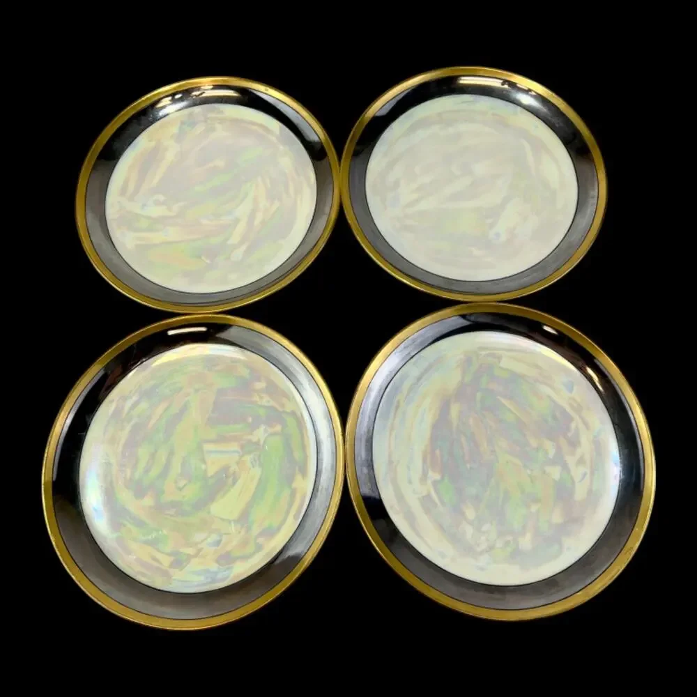 4x Iridescent Plates gold trim edging vintage Porcelain Dish Dinner 7.5 in plate